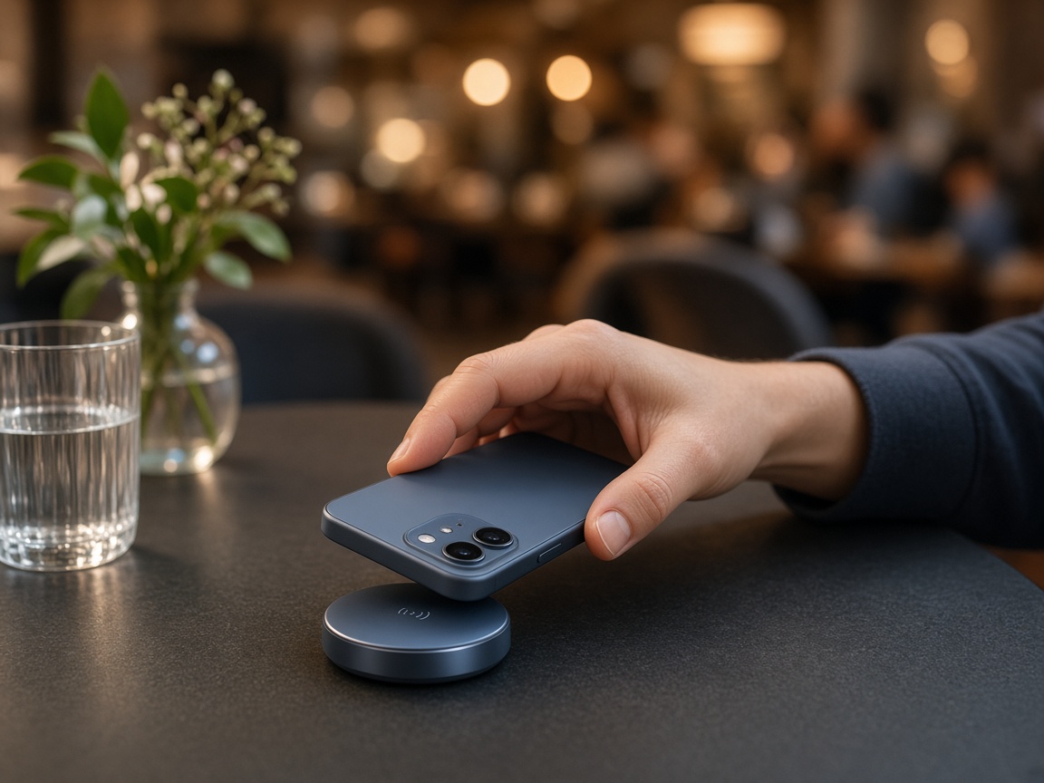 Гость подносит смартфон к NFC-метке на столе